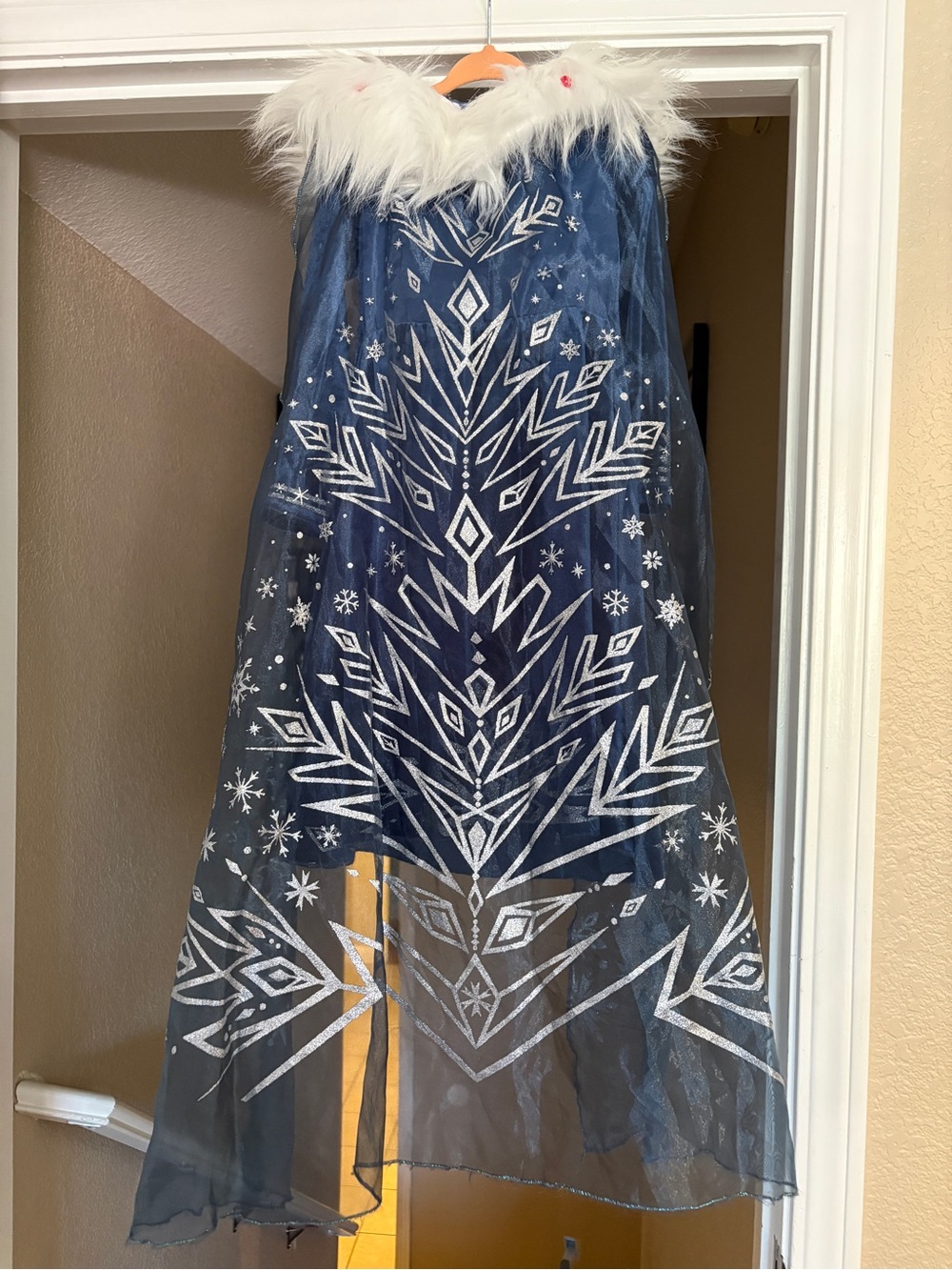 Disney Navy Blue Snowflake Tulle Cape Dress with White Faux Fur